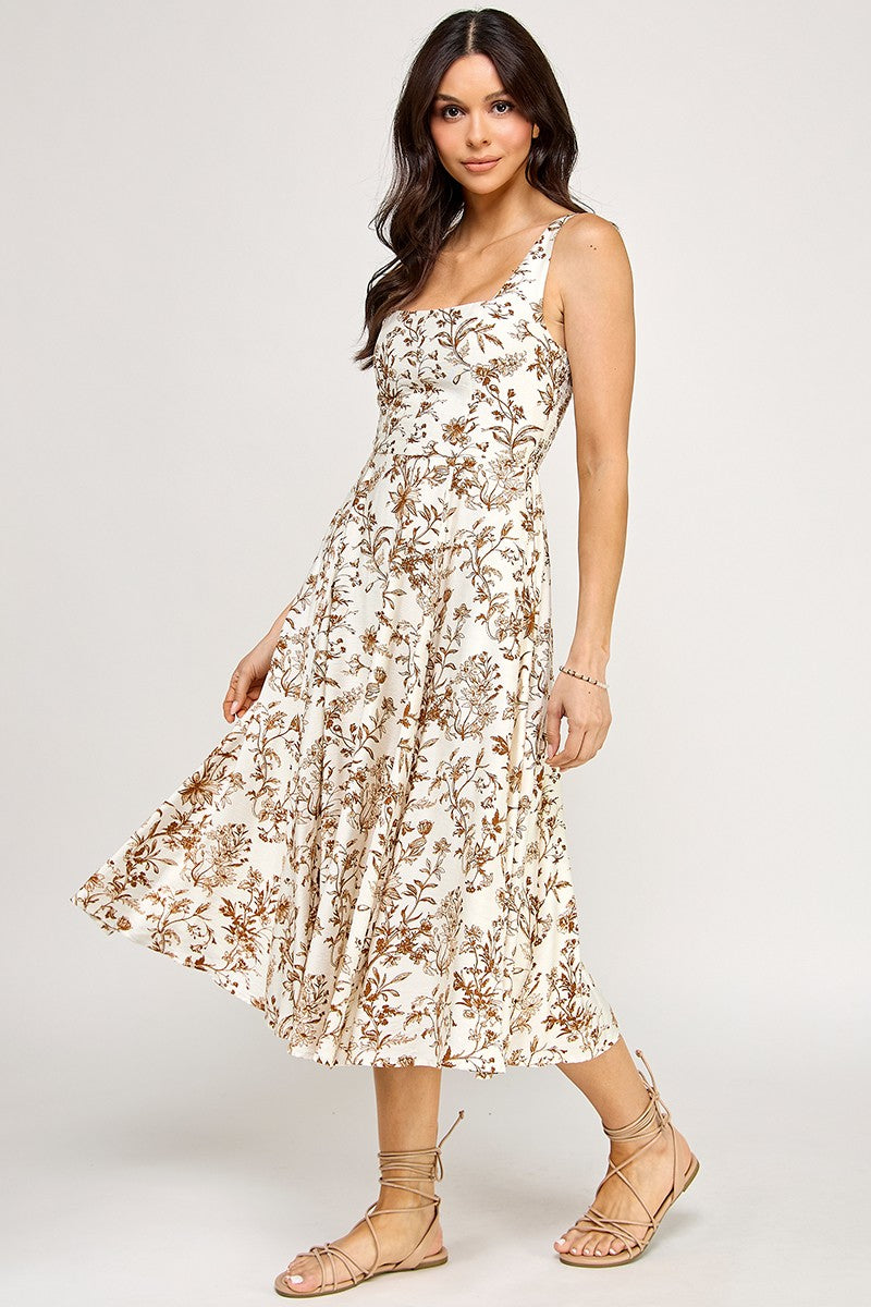 D5520-1 Floral Square-Neck Midi Dress with Pockets