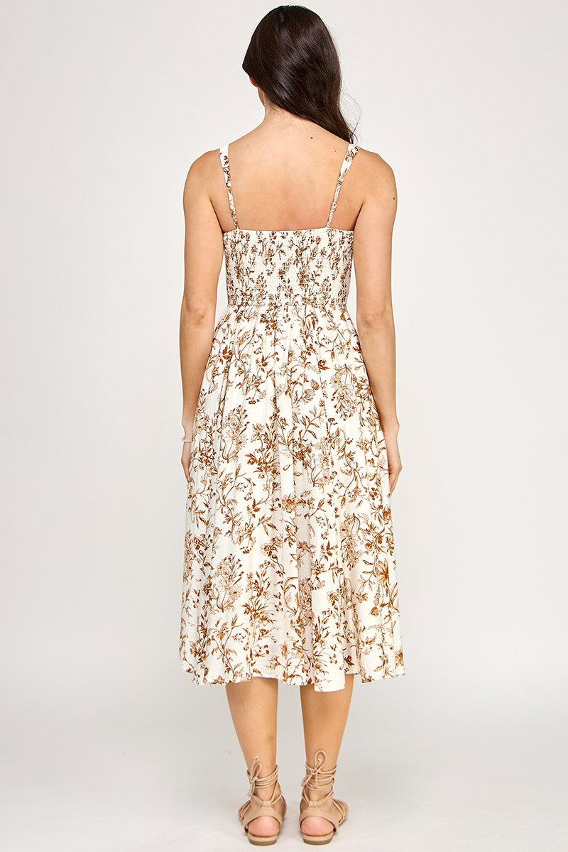 D5520-1 Floral Square-Neck Midi Dress with Pockets