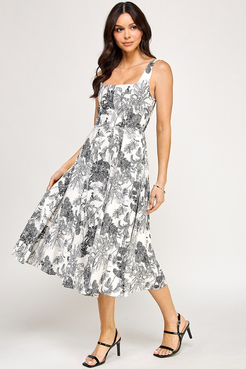 D5520 Floral Square-Neck Midi Dress with Smocked Back