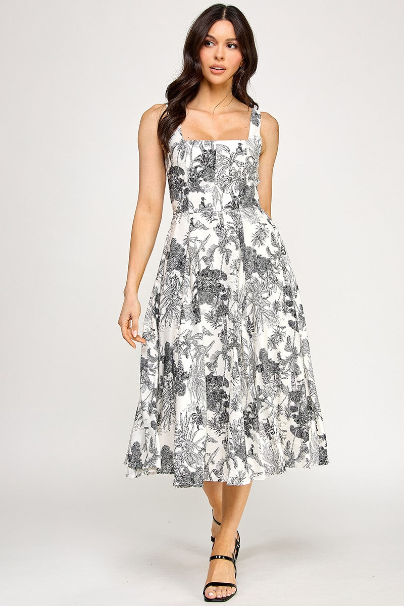 D5520 Floral Square-Neck Midi Dress with Smocked Back