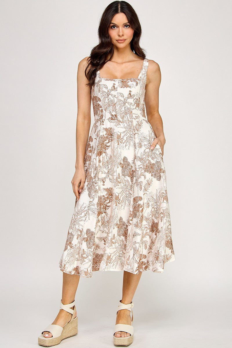 D5520 Floral Square-Neck Midi Dress with Smocked Back