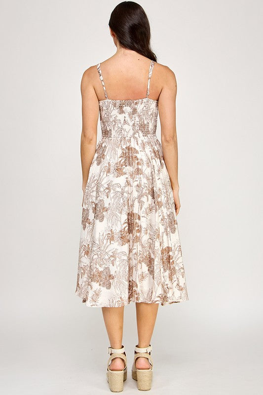 D5520 Floral Square-Neck Midi Dress with Smocked Back