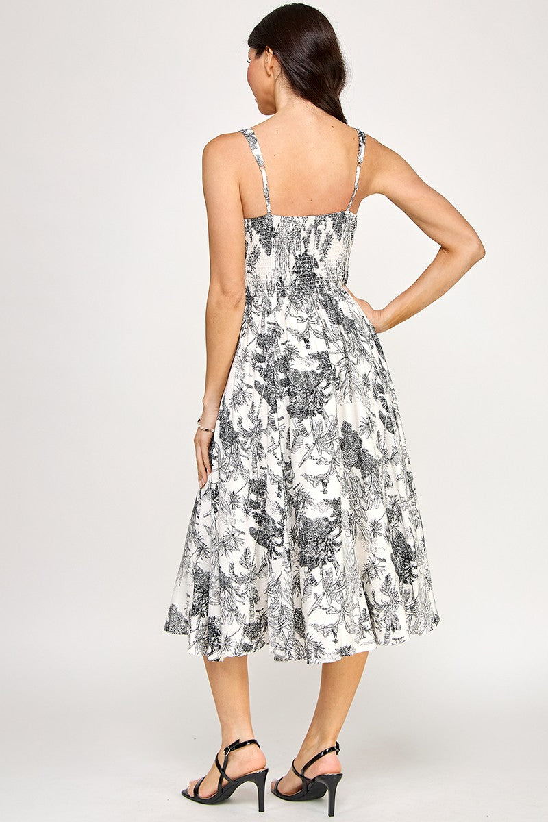 D5520 Floral Square-Neck Midi Dress with Smocked Back