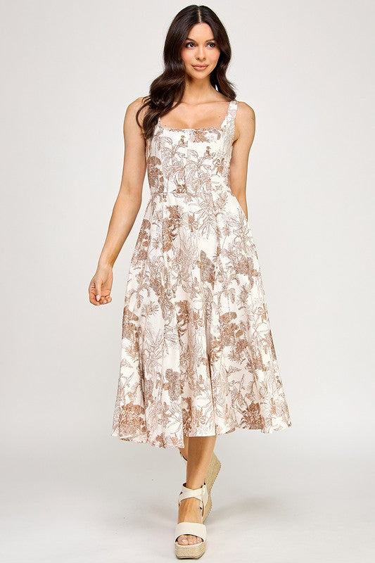 D5520 Floral Square-Neck Midi Dress with Smocked Back