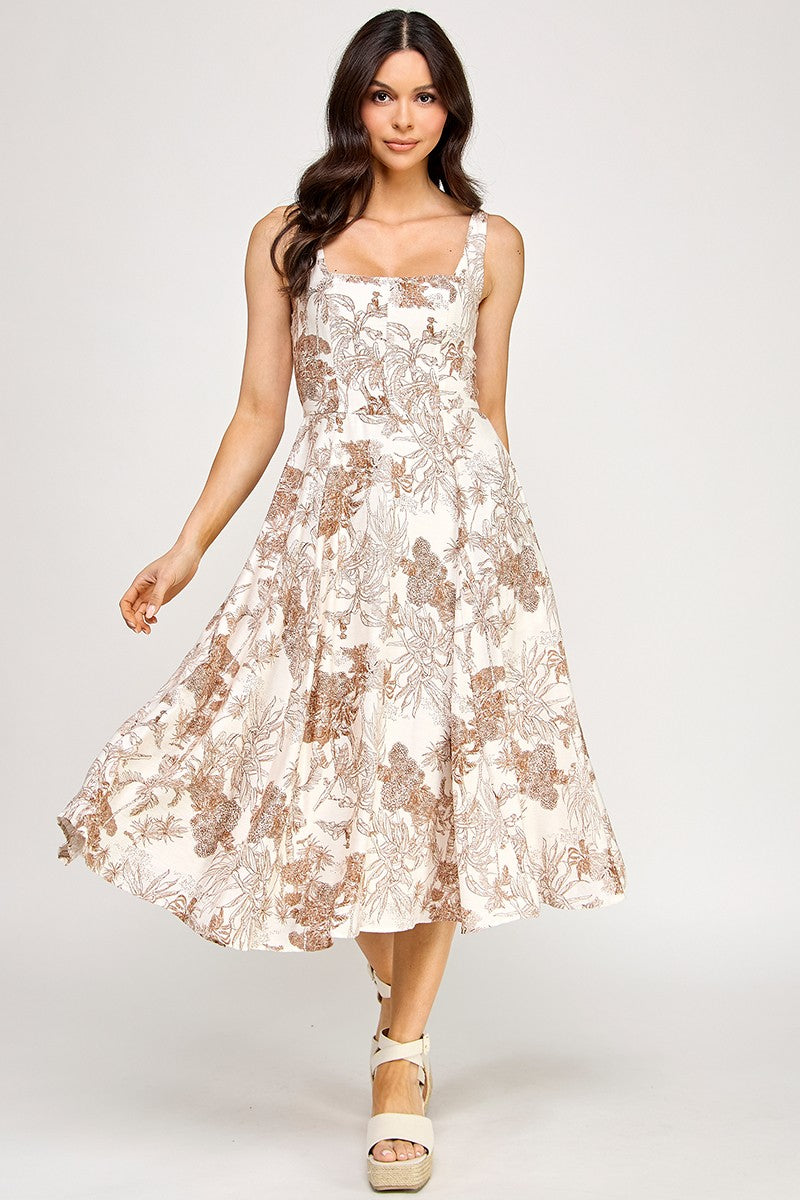 D5520 Floral Square-Neck Midi Dress with Smocked Back