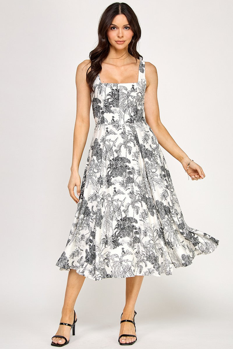 D5520 Floral Square-Neck Midi Dress with Smocked Back