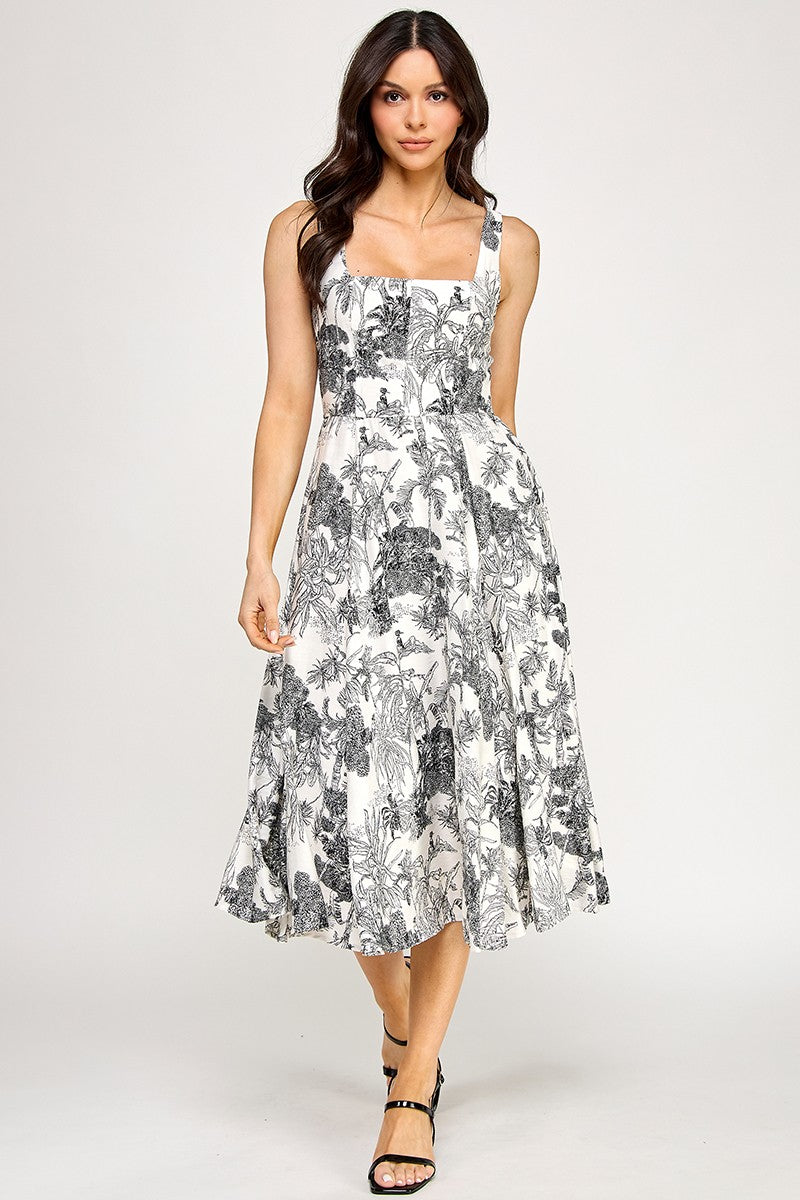 D5520 Floral Square-Neck Midi Dress with Smocked Back