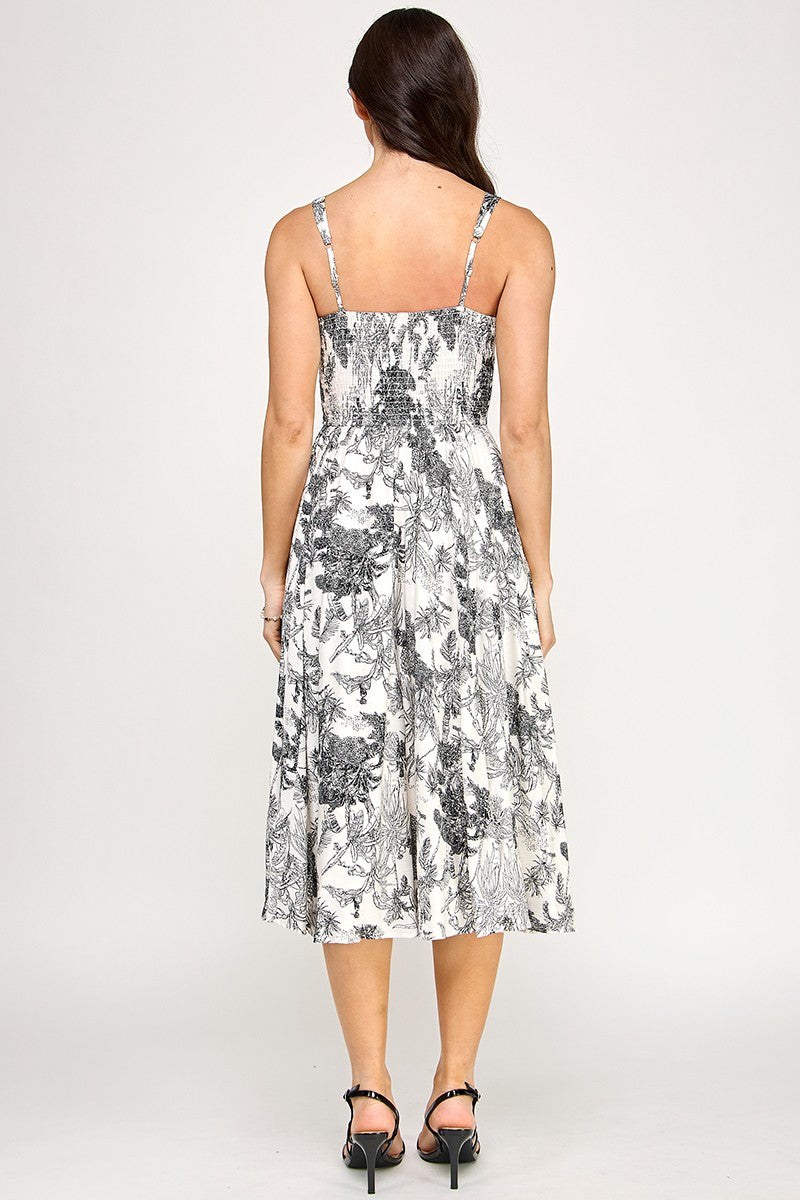 D5520 Floral Square-Neck Midi Dress with Smocked Back