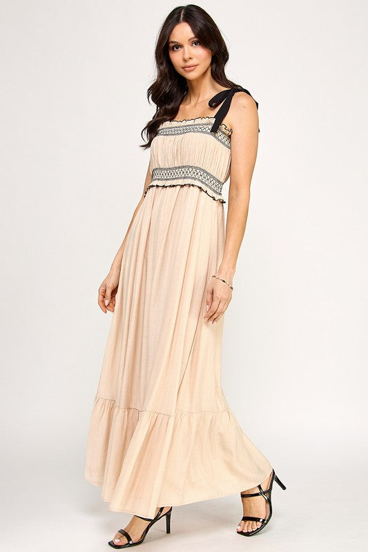 D5314 Smocked Maxi Dress with Tie Straps
