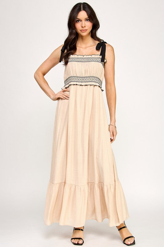 D5314 Smocked Maxi Dress with Tie Straps