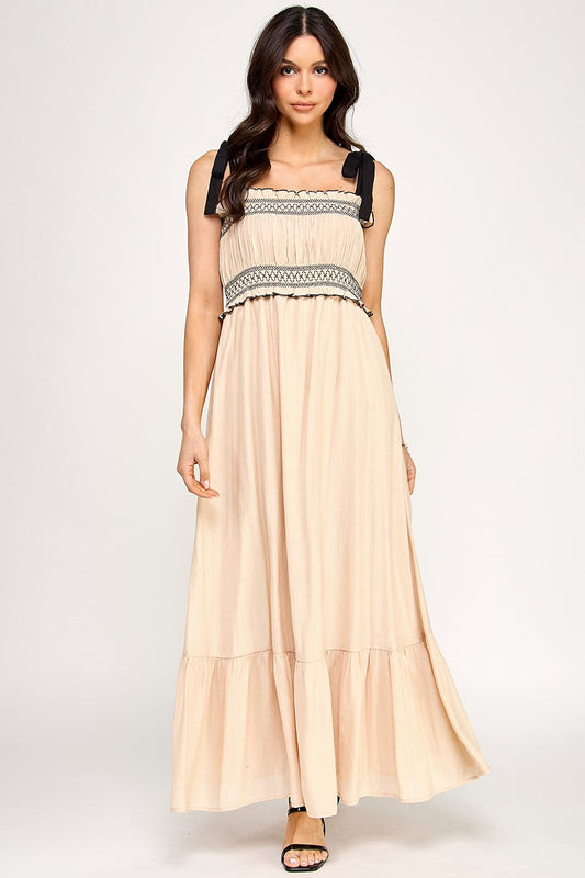 D5314 Smocked Maxi Dress with Tie Straps