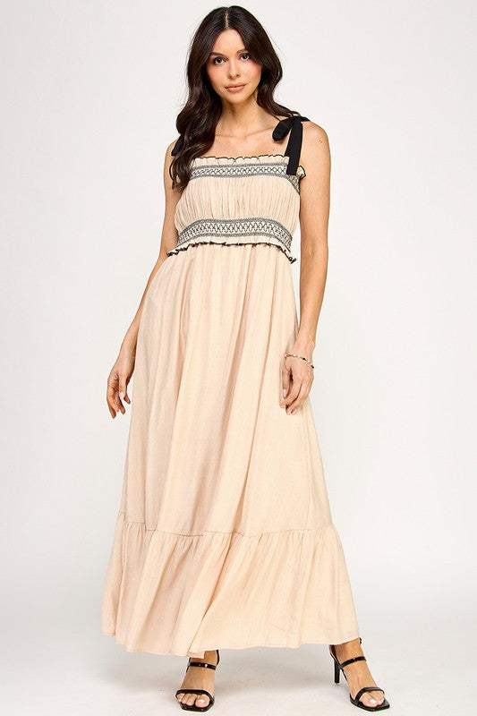 D5314 Smocked Maxi Dress with Tie Straps