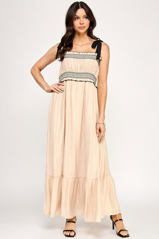 D5314 Smocked Maxi Dress with Tie Straps