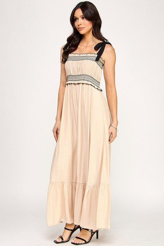 D5314 Smocked Maxi Dress with Tie Straps