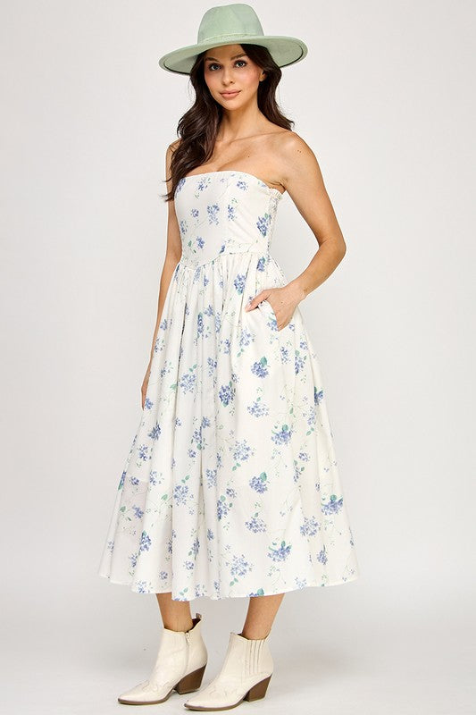 D5516-1 Strapless Floral Midi Dress with Pockets 