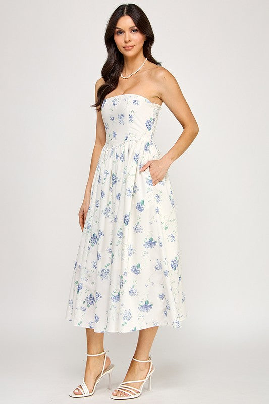 D5516-1 Strapless Floral Midi Dress with Pockets 