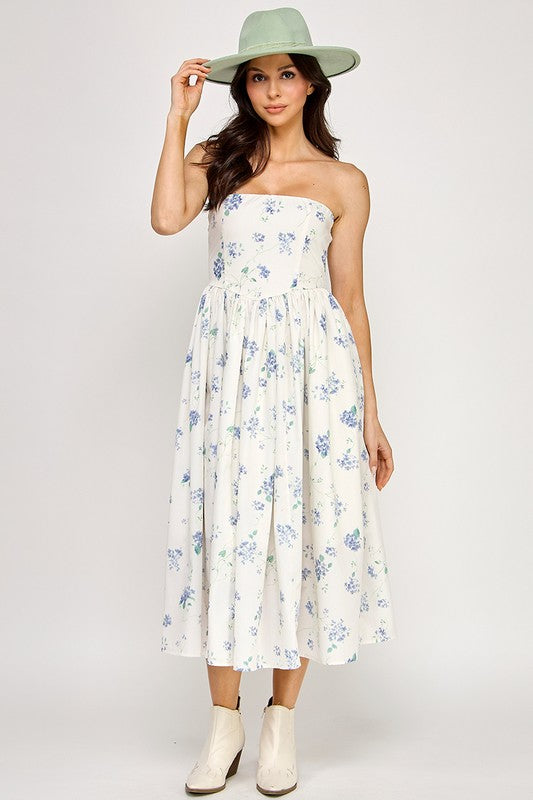 D5516-1 Strapless Floral Midi Dress with Pockets 