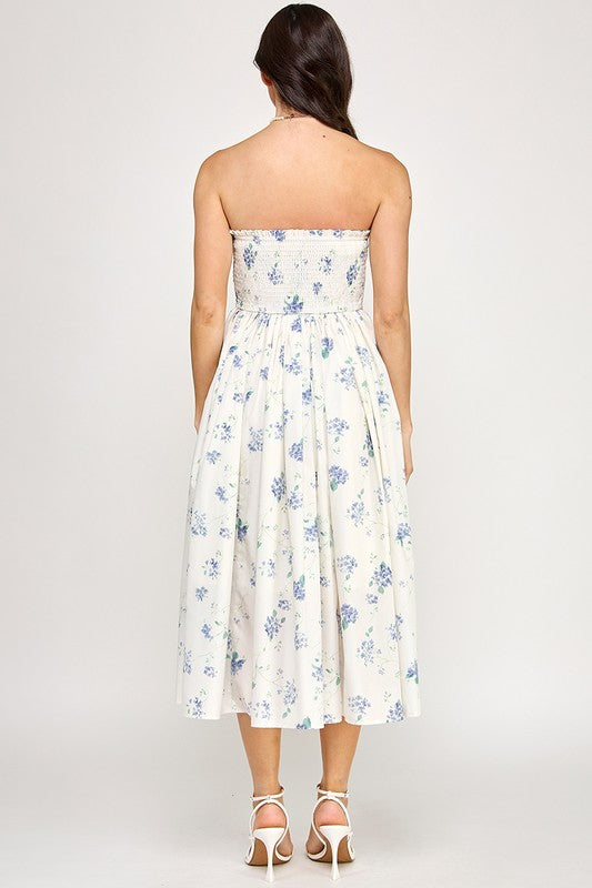 D5516-1 Strapless Floral Midi Dress with Pockets 