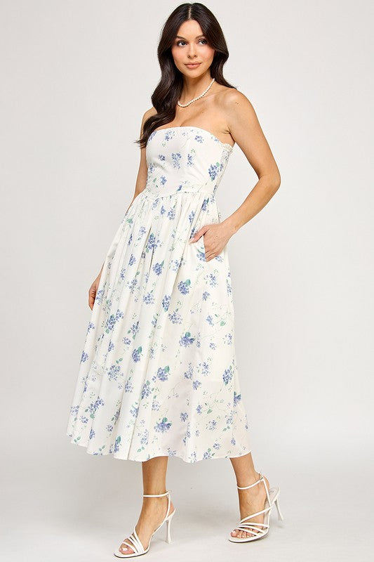 D5516-1 Strapless Floral Midi Dress with Pockets 