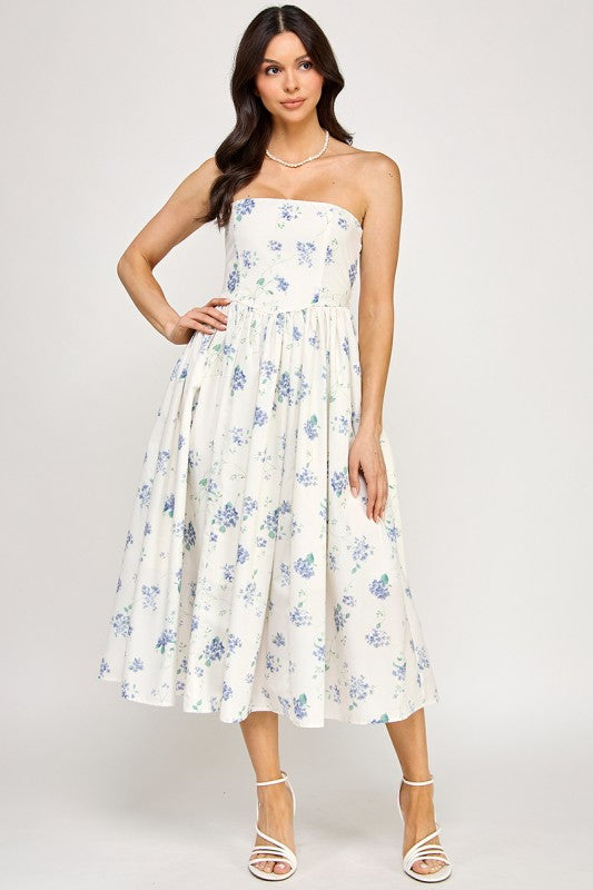 D5516-1 Strapless Floral Midi Dress with Pockets 
