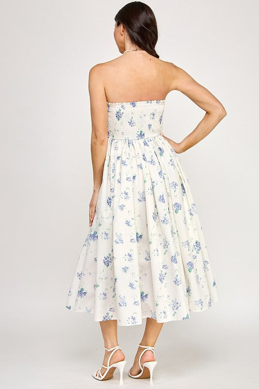 D5516-1 Strapless Floral Midi Dress with Pockets 