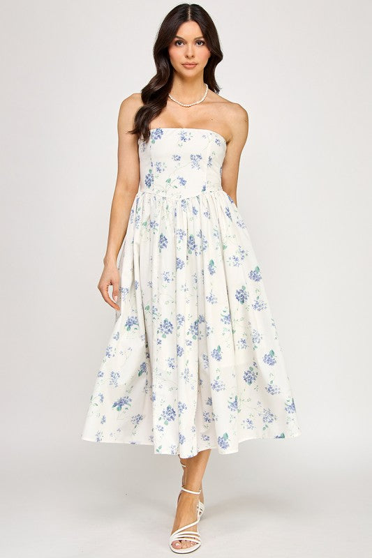 D5516-1 Strapless Floral Midi Dress with Pockets 