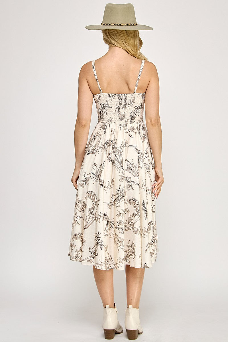 D5527 Botanical Print Square Neck Midi Dress