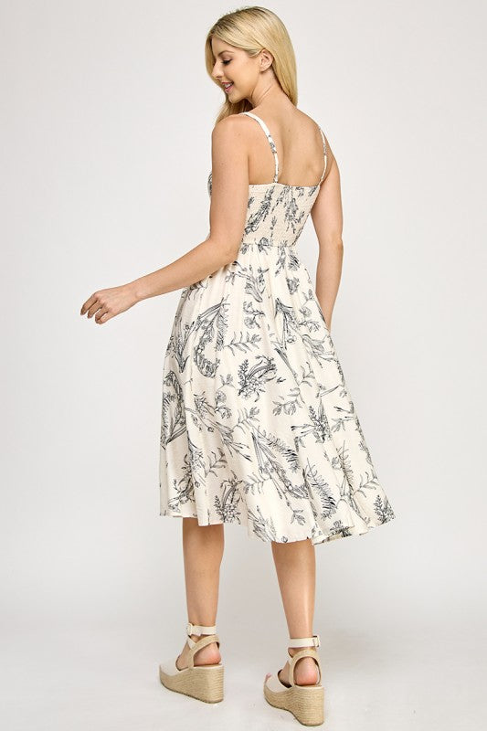 D5527 Botanical Print Square Neck Midi Dress