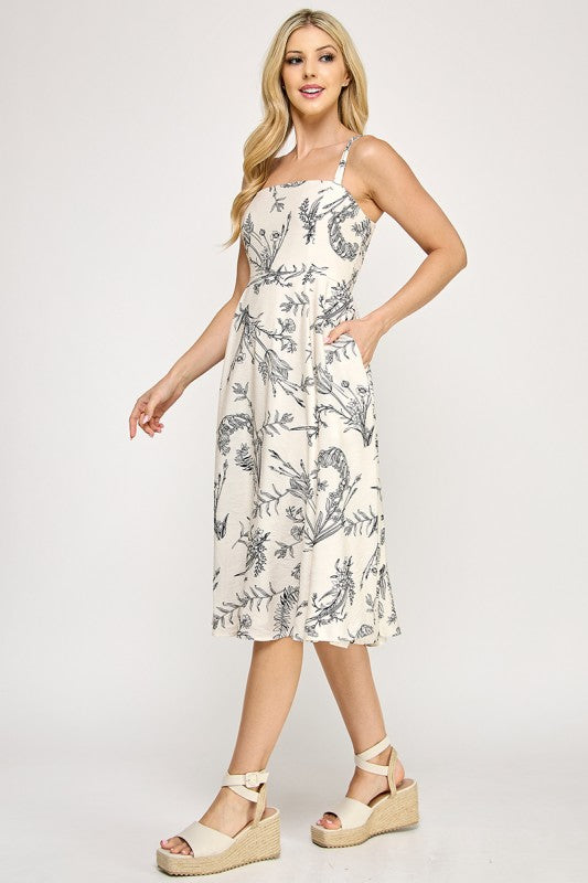 D5527 Botanical Print Square Neck Midi Dress