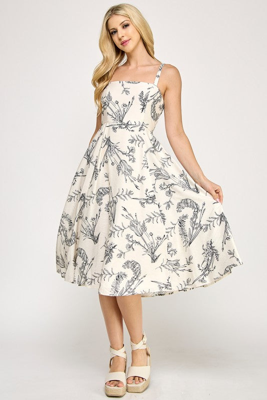 D5527 Botanical Print Square Neck Midi Dress