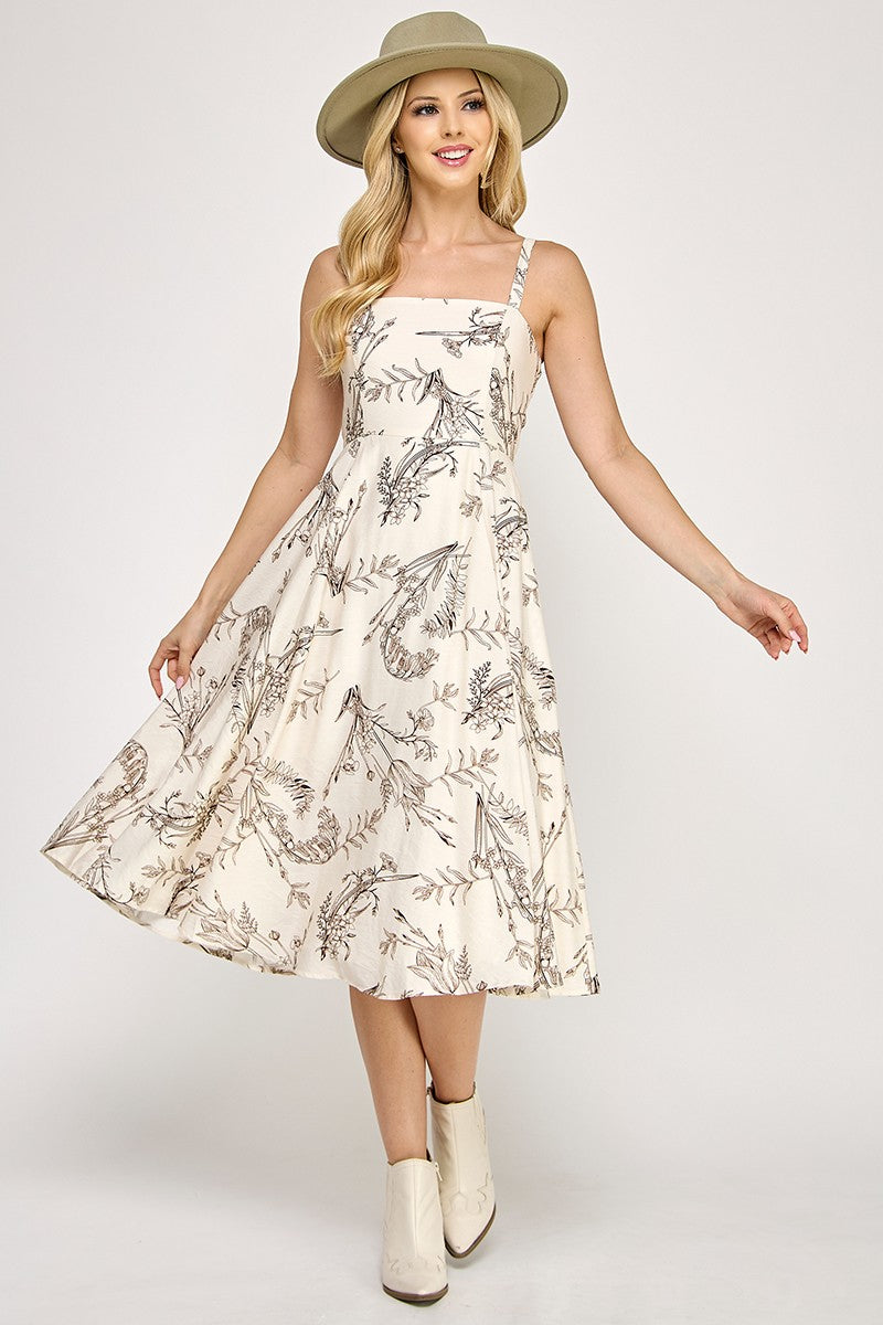 D5527 Botanical Print Square Neck Midi Dress