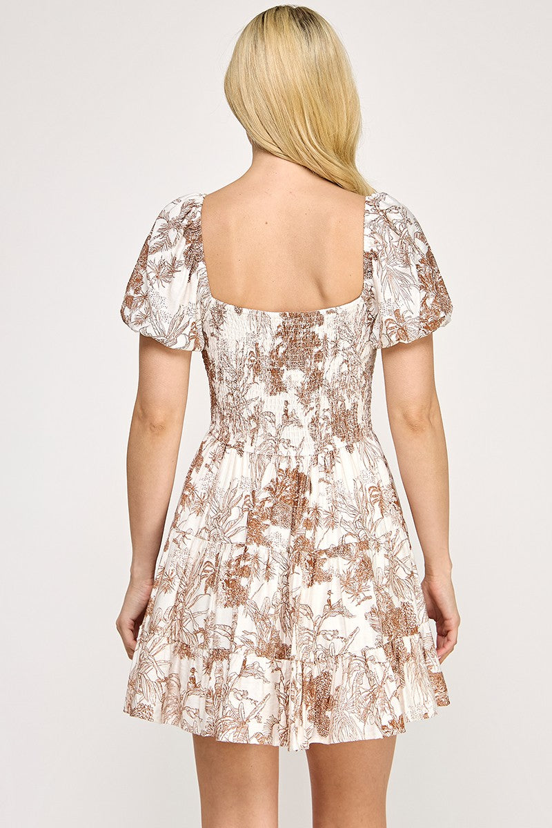D5517 Botanical Toile Puff Sleeve Dress