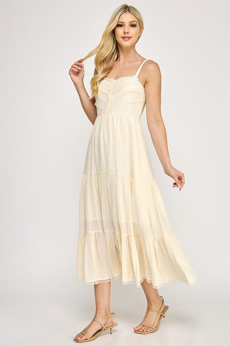 D5553 Lace Trim Tiered Midi Dress