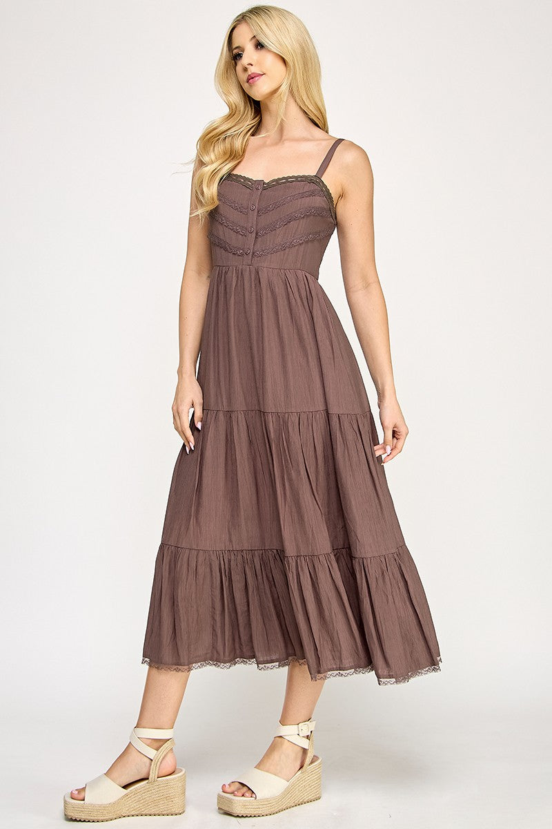 D5553 Lace Trim Tiered Midi Dress