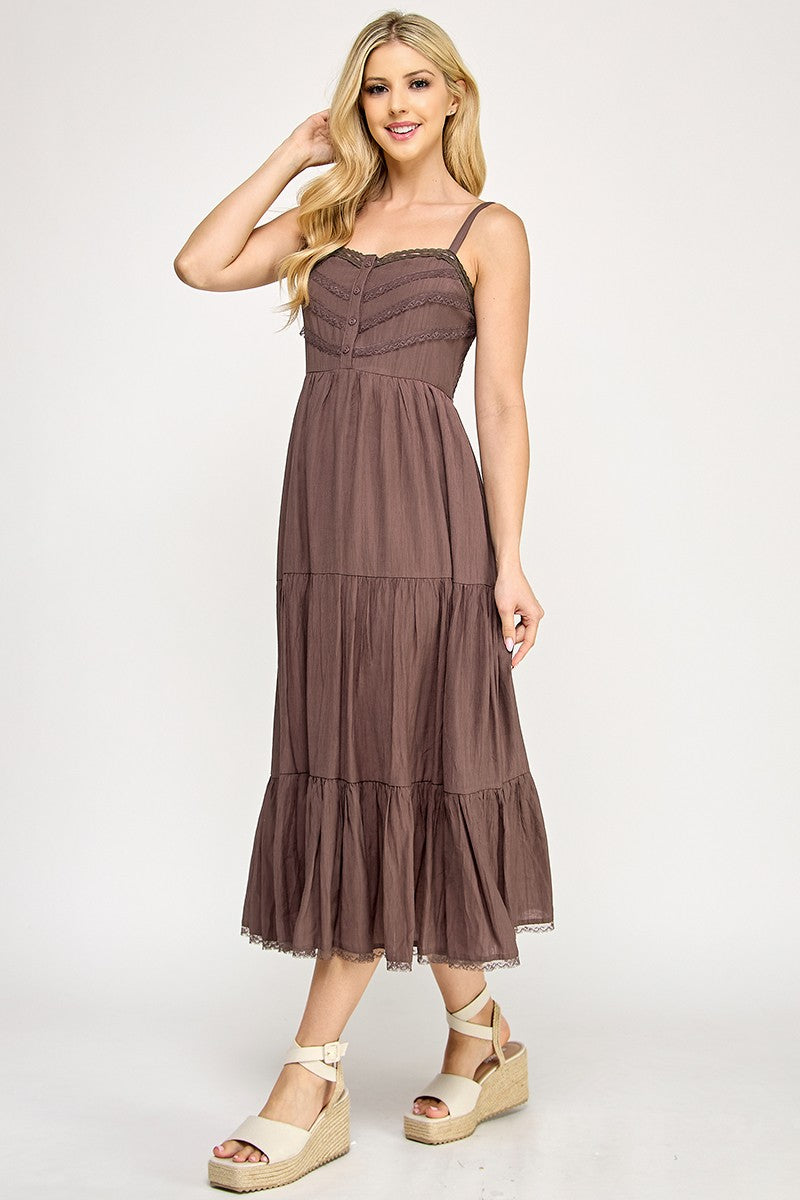 D5553 Lace Trim Tiered Midi Dress