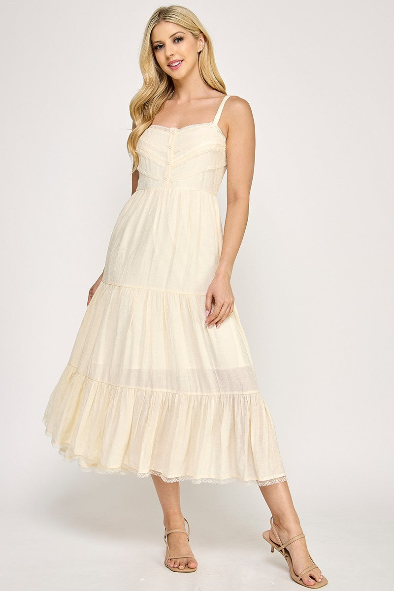 D5553 Lace Trim Tiered Midi Dress