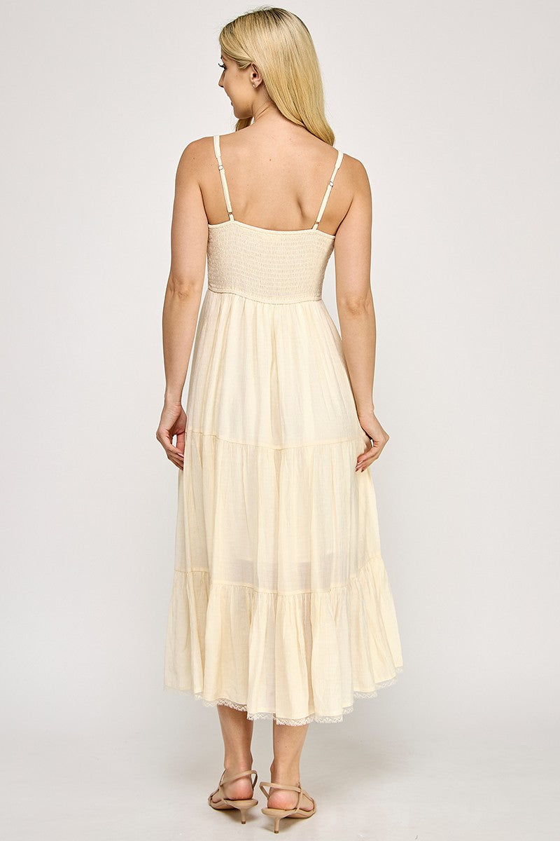 D5553 Lace Trim Tiered Midi Dress