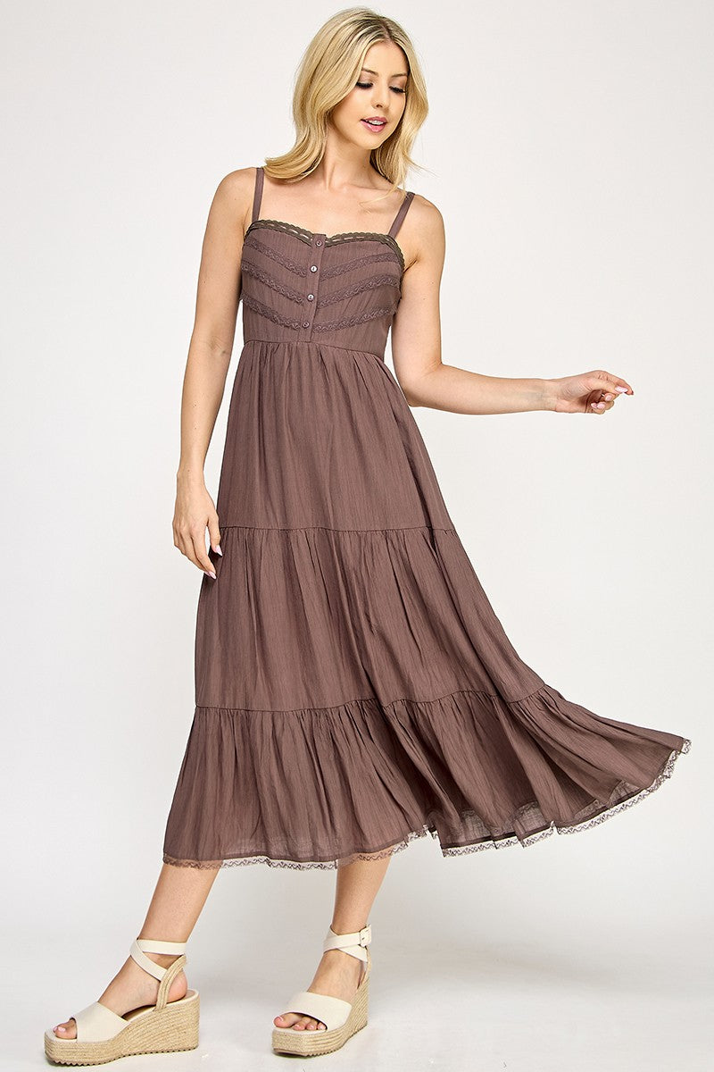 D5553 Lace Trim Tiered Midi Dress