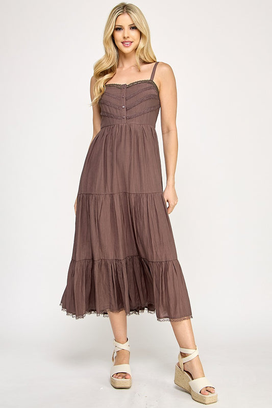D5553 Lace Trim Tiered Midi Dress