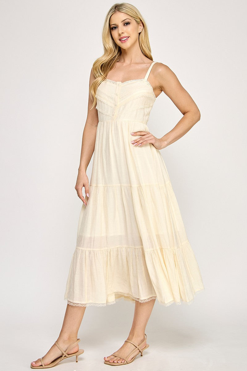 D5553 Lace Trim Tiered Midi Dress
