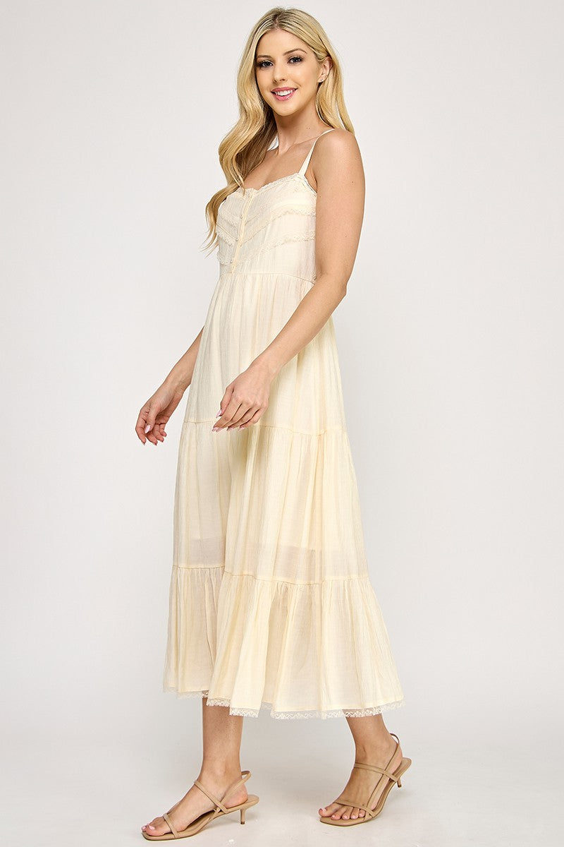 D5553 Lace Trim Tiered Midi Dress