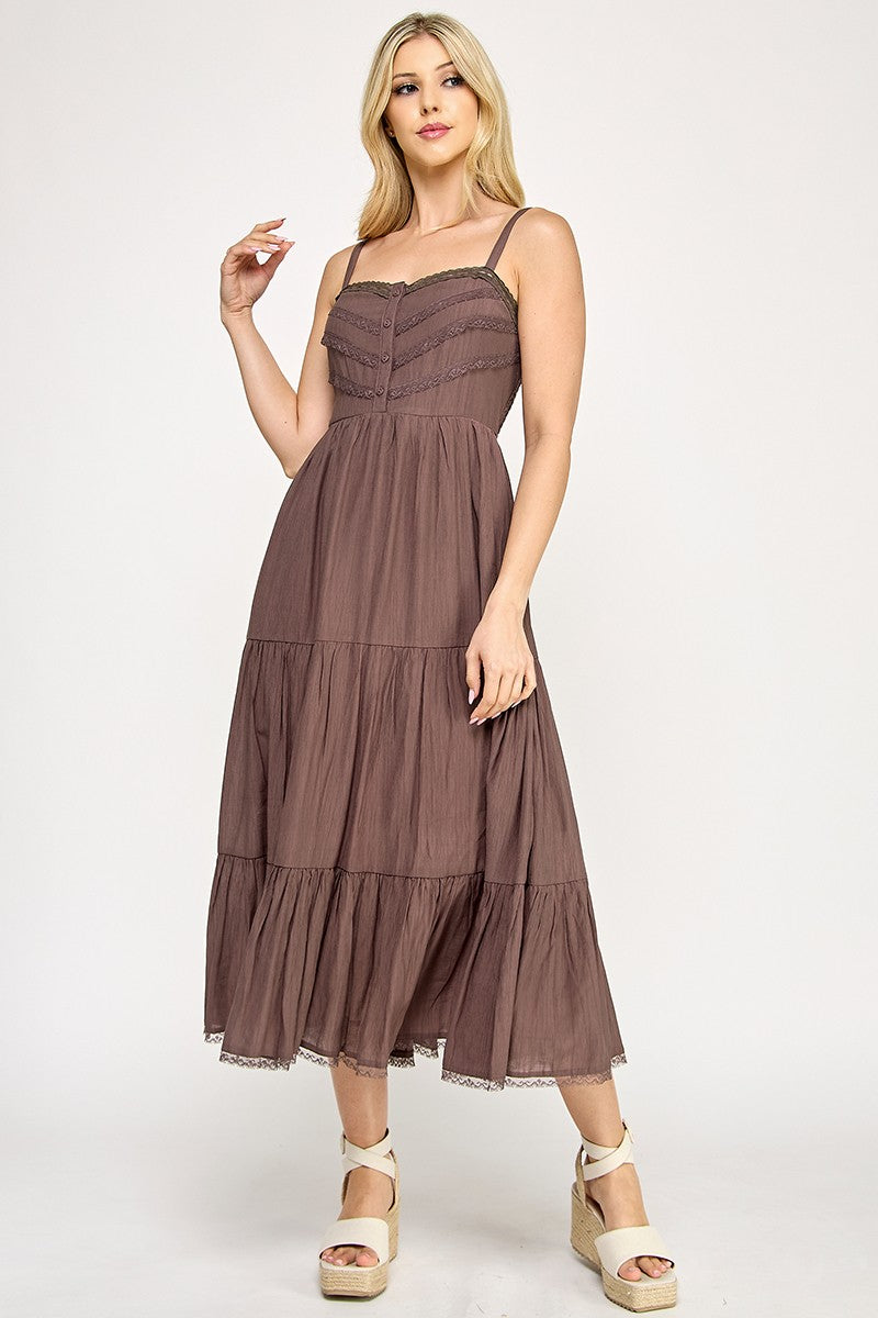D5553 Lace Trim Tiered Midi Dress