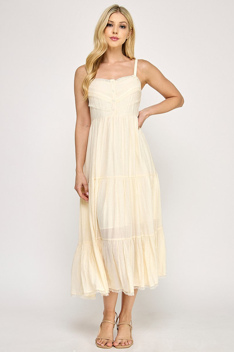 D5553 Lace Trim Tiered Midi Dress