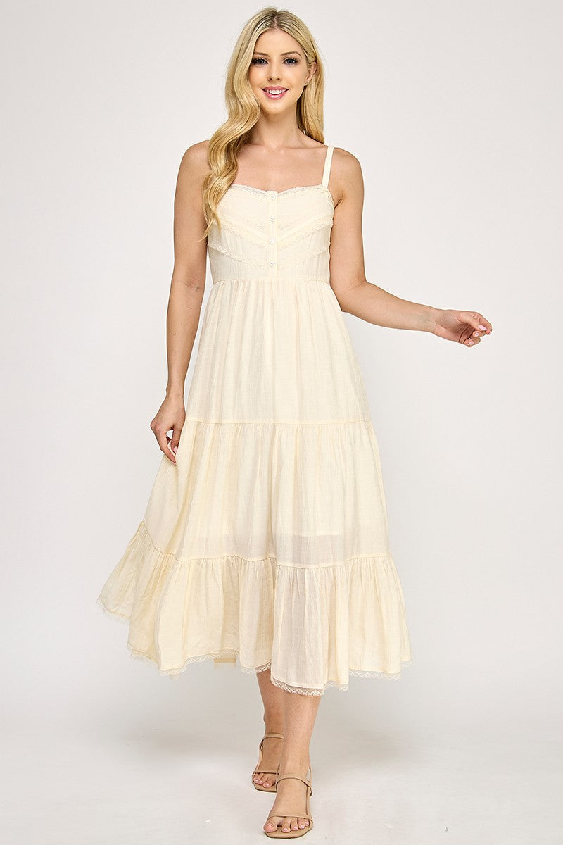 D5553 Lace Trim Tiered Midi Dress