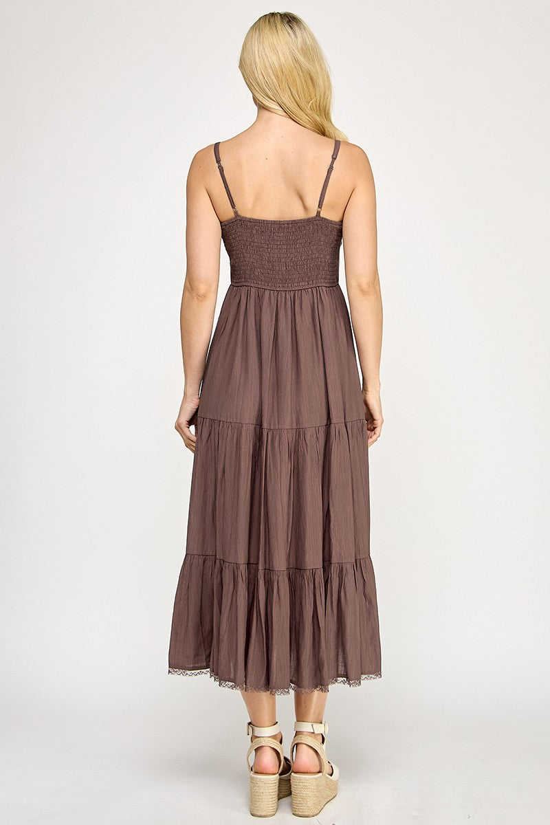 D5553 Lace Trim Tiered Midi Dress