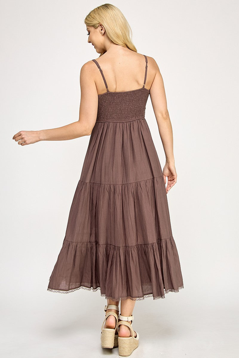 D5553 Lace Trim Tiered Midi Dress