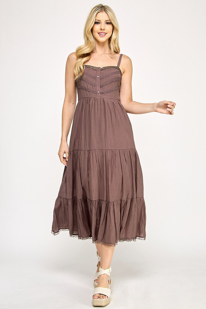 D5553 Lace Trim Tiered Midi Dress