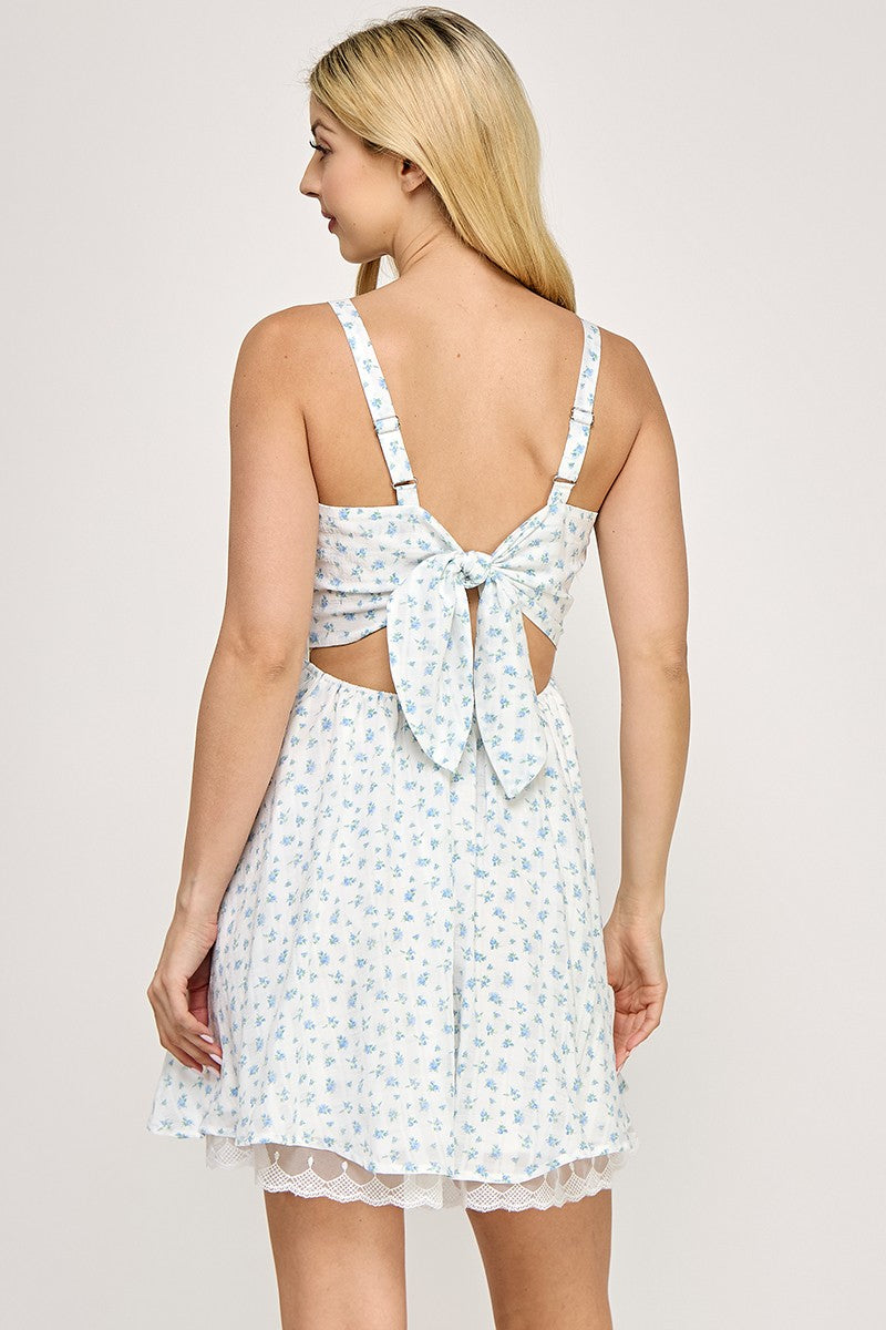 D5489S Floral Mini Dress with Back Tie