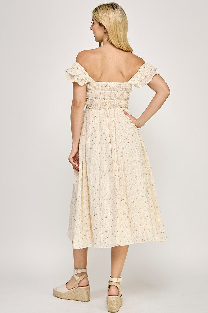 D5534S Flutter Sleeve Smocked Midi Dress