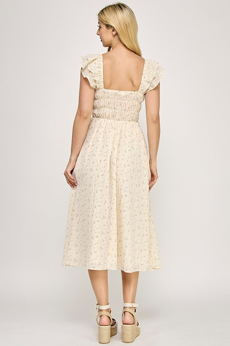 D5534S Flutter Sleeve Smocked Midi Dress